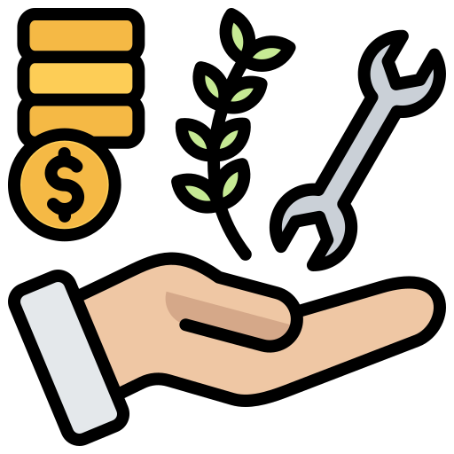 A hand extended with symbols representing money, growth, tools, and investment above it.