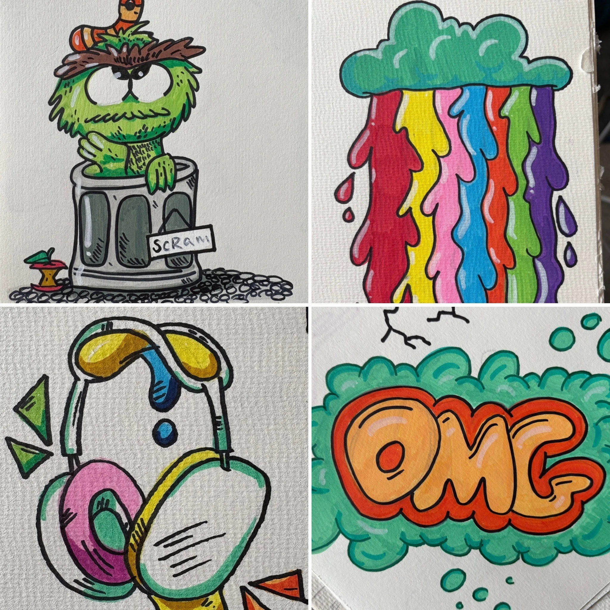 A collage of four cartoon-style drawings featuring: Oscar the Grouch in his trash can (from Sesame Street). A cloud with a dripping rainbow under it. A set of headphones in bright colours. the letters OMG in bold graffiti style font