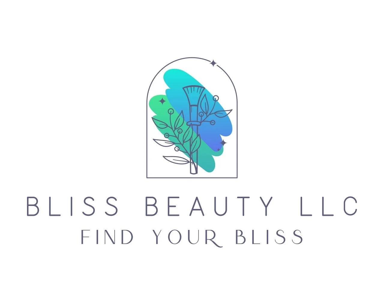 Logo for Bliss Beauty LLC featuring a stylized makeup brush with leaves, enclosed in a rounded arch, with the text 'BLISS BEAUTY LLC' and 'FIND YOUR BLISS' below.