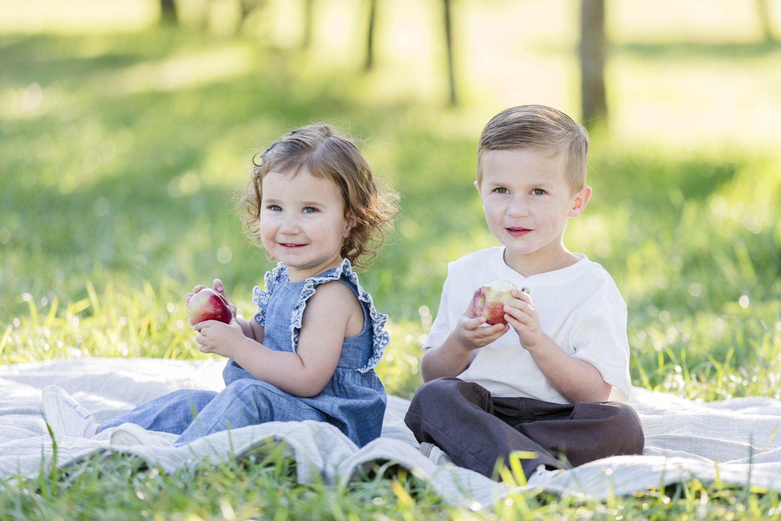 Two young children sitting on a blanket in a grassy park, enjoying apples in sunlight.
