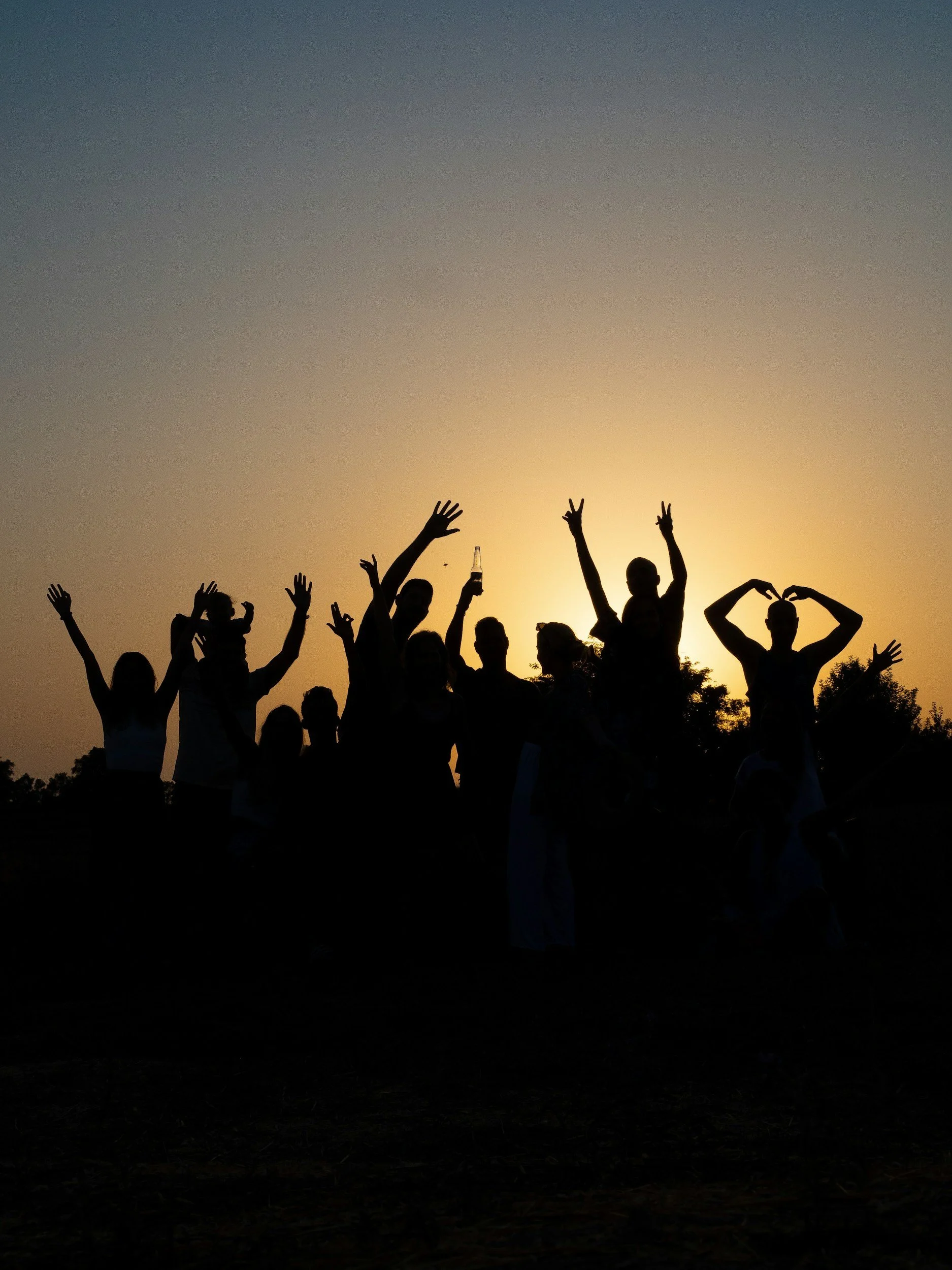 Silhouettes of a group of people standing outdoors at sunset, some raising their hands, some making peace signs, and some holding drinks