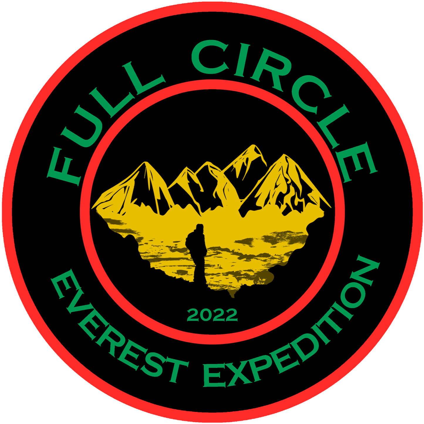 Fujill Circle Everest Expedition 2022 badge with mountain silhouette and a hiker in a canyon.