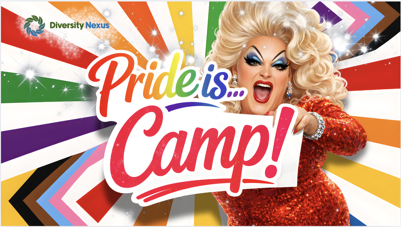 Promotional graphic for Diversity Nexus’s Pride Is… Camp! blog post, featuring a drag performer holding a “Pride is… Camp!” sign against a rainbow background.