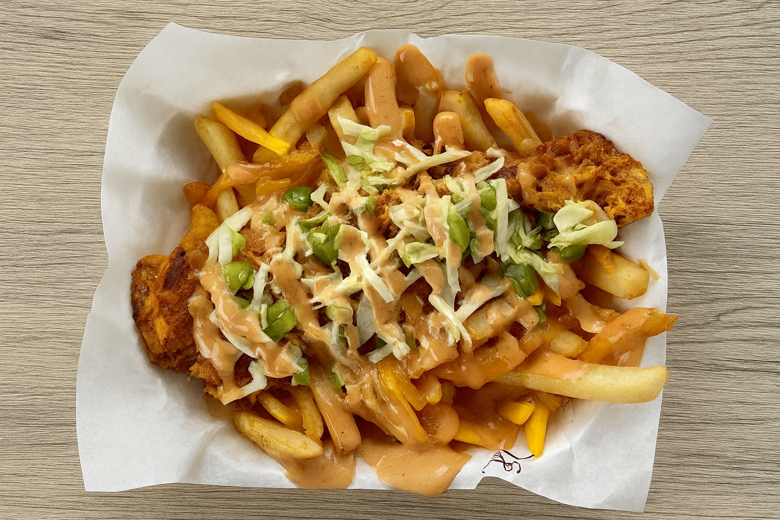 Fried chicken tenders topped with shredded lettuce, green onions, and sauce, served over French fries and cheese fries