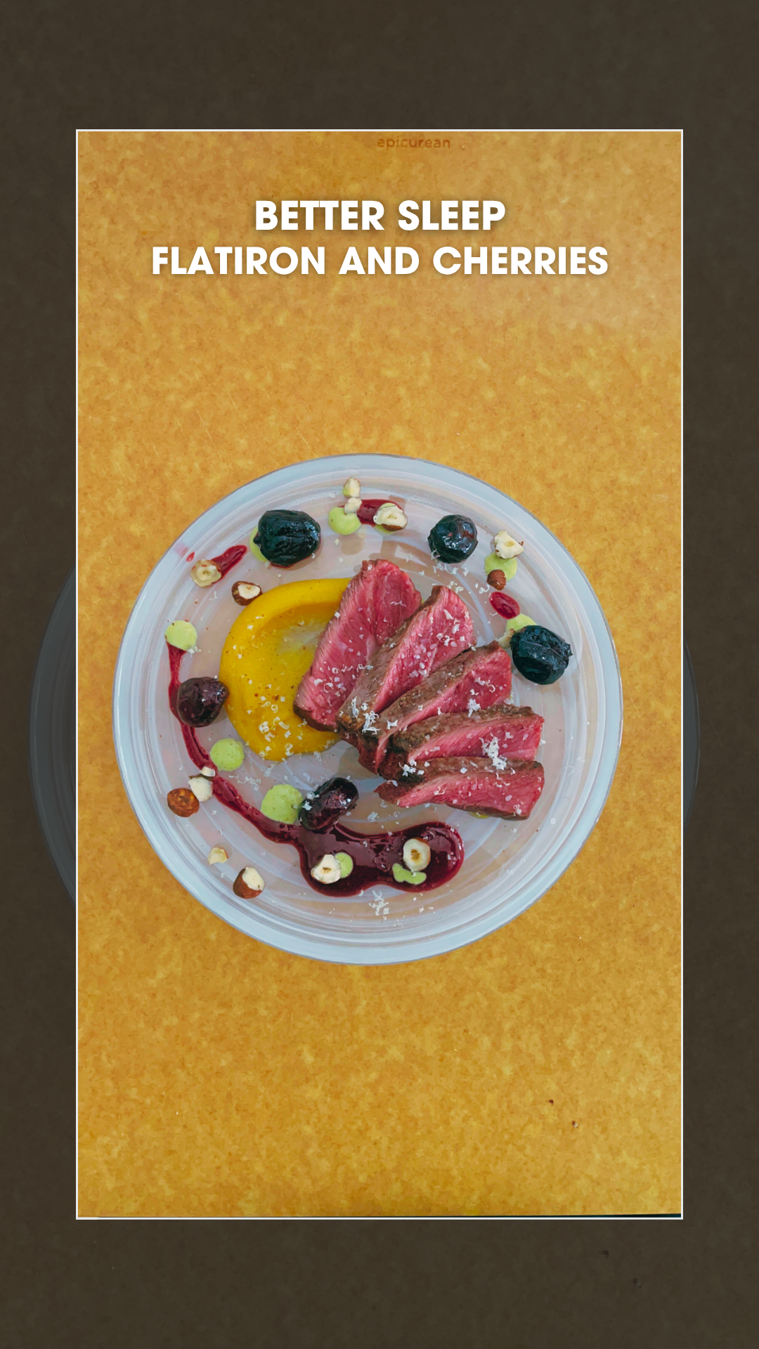 Grilled Flat Iron Steak with Delicata Squash Purée, Cherry Bourbon Sauce &amp; Pistachio Cream