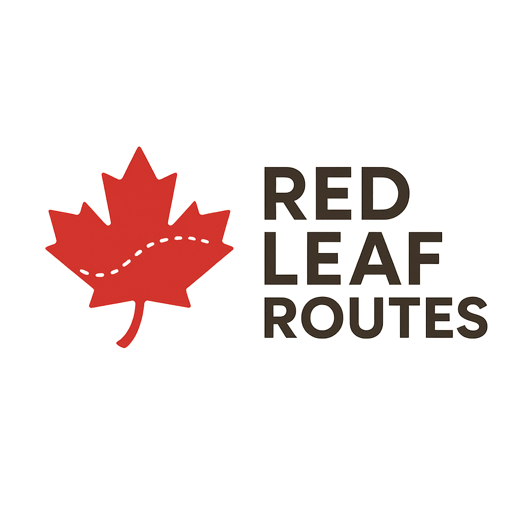 Logo for Red Leaf Routes featuring a red maple leaf and stylized text.