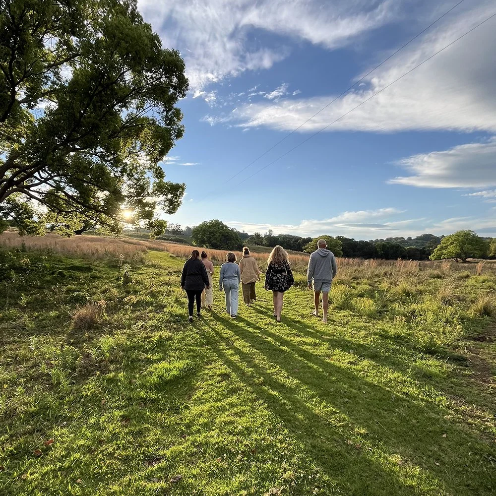 Small group walking together in nature at Heartwood Farm Byron Bay