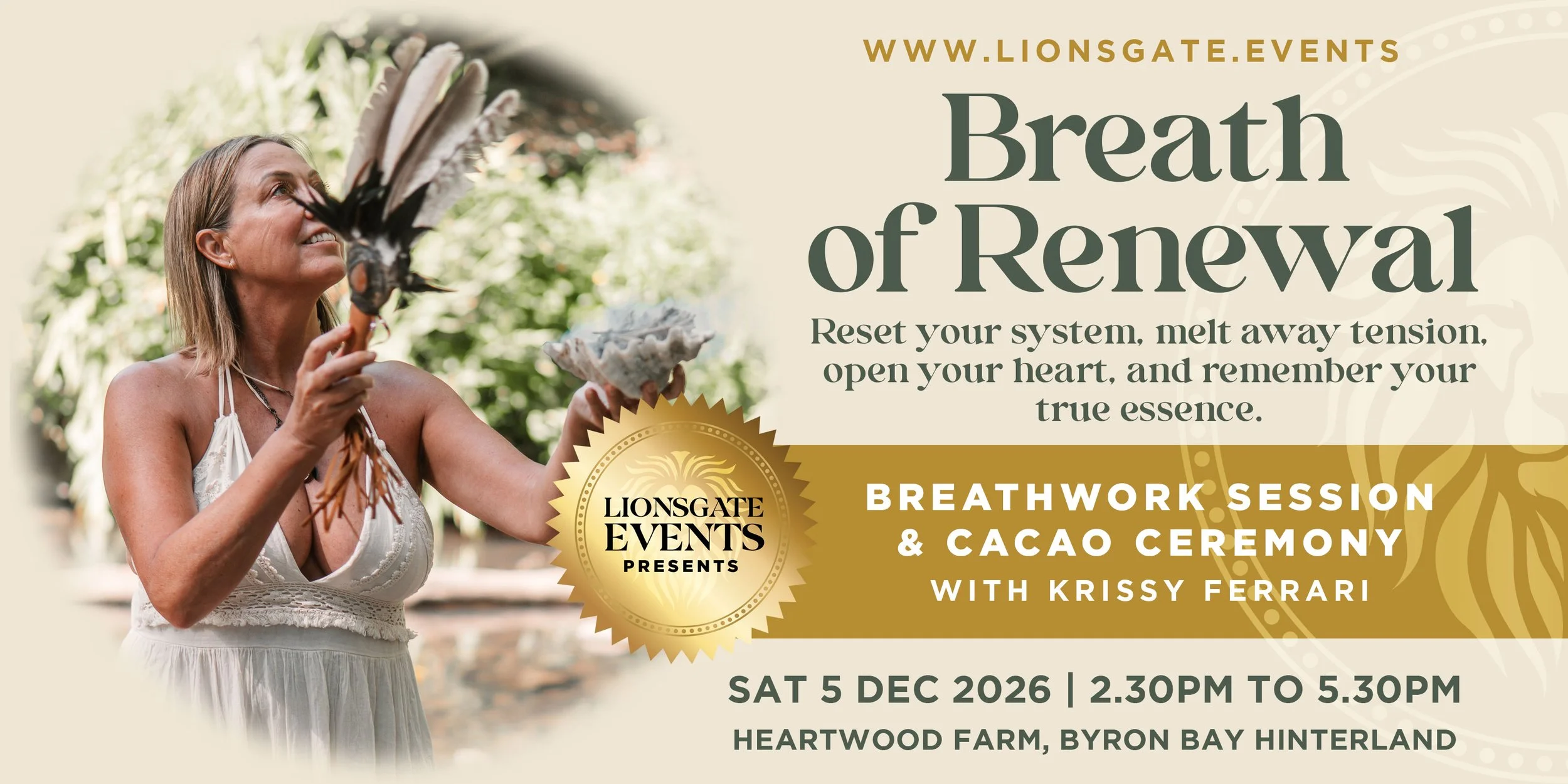 Guided breathwork and cacao ceremony with Krissy Ferrari at Heartwood Farm, Byron Bay Hinterland on Saturday 5 December 2026