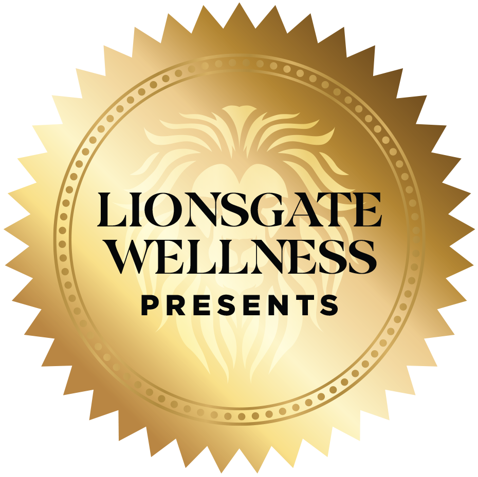 Gold and black emblem with a lion's head in the background, featuring the text 'Lionsgate Wellness Presents' in the center.
