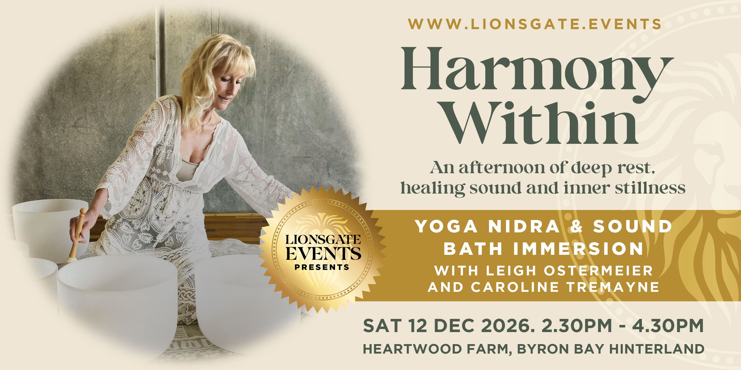 Yoga Nidra and sound bath immersion at Heartwood Farm Byron Bay Hinterland with Leigh Ostermeier and Caroline Tremayne, December 2026