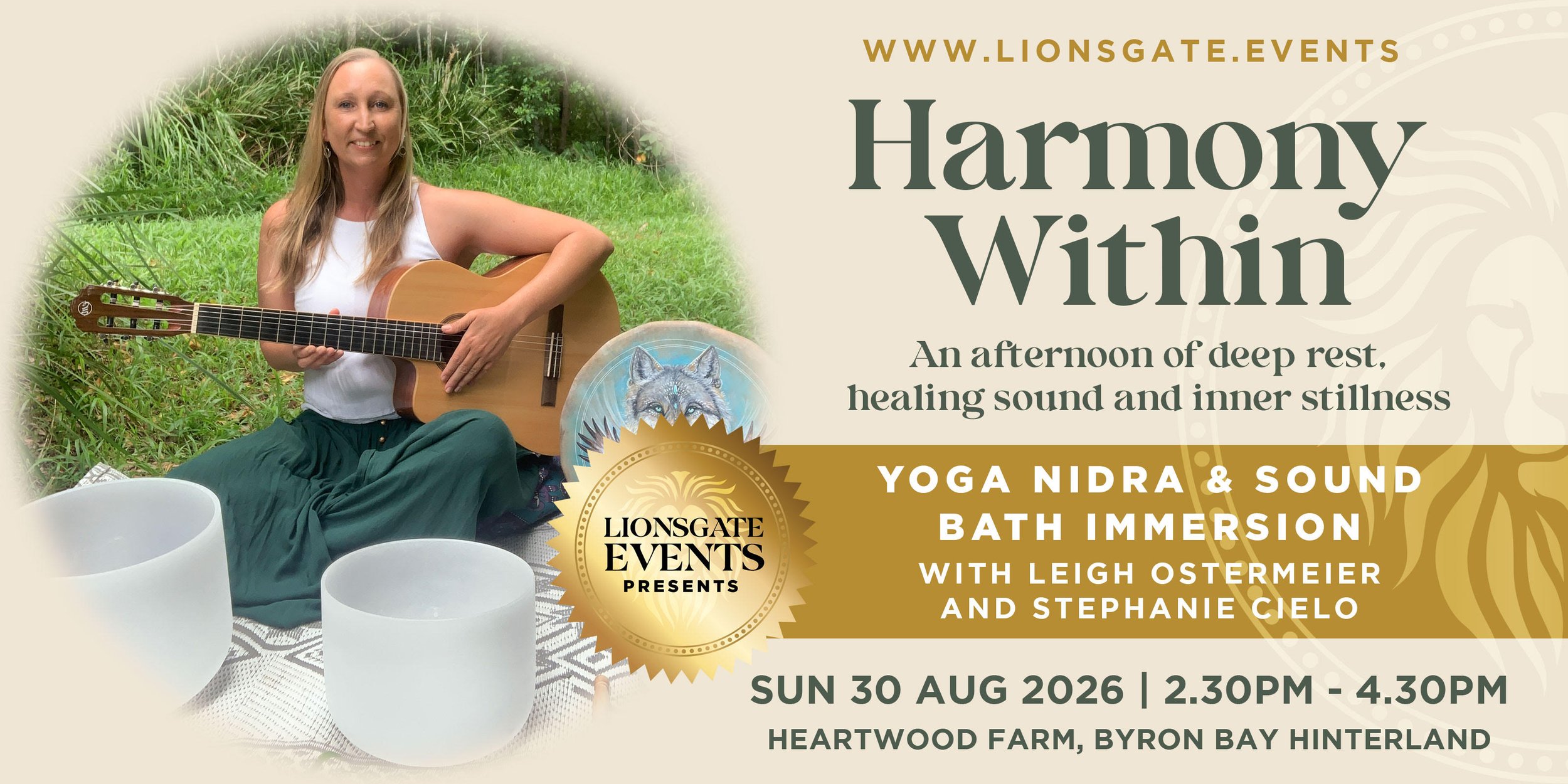 Yoga Nidra and sound bath immersion at Heartwood Farm Byron Bay Hinterland with Leigh Ostermeier and Stephanie Cielo, August 2026