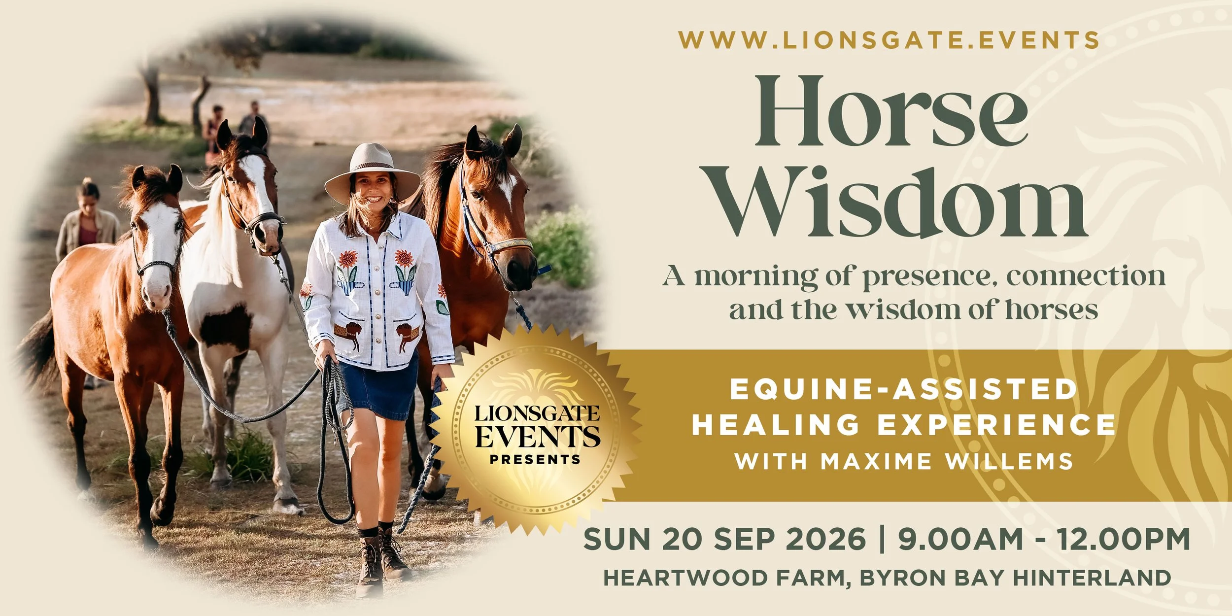 Equine-assisted healing workshop with Maxime Willems at Heartwood Farm, Byron Bay Hinterland on Sunday 20 September 2026
