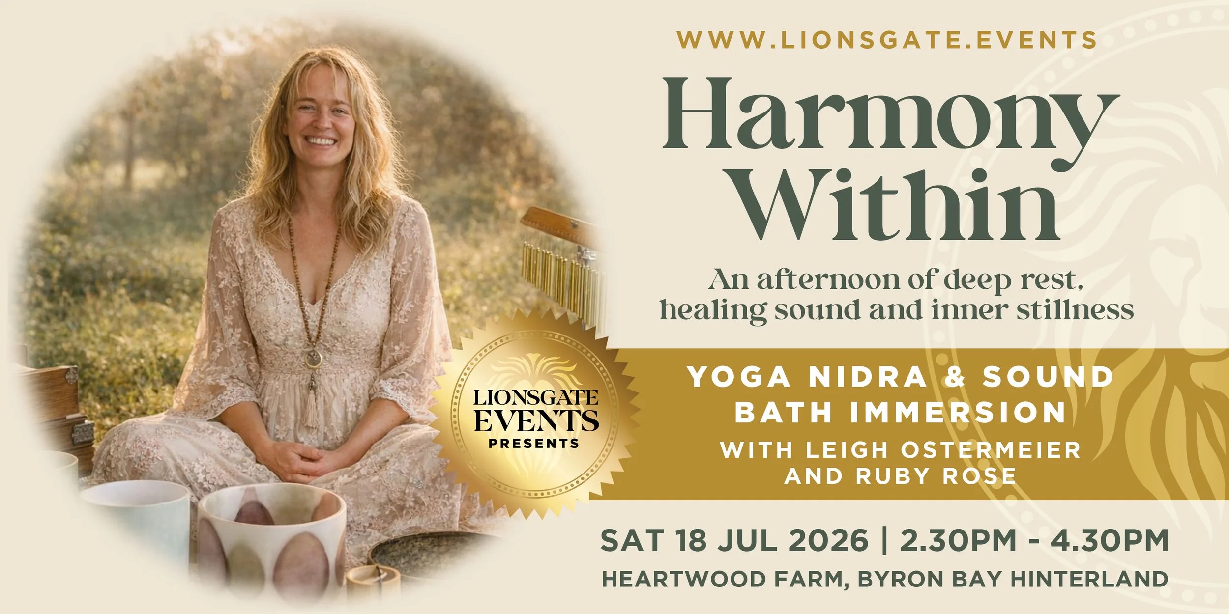 Yoga Nidra and sound bath immersion with Leigh Ostermeier and Ruby Rose at Heartwood Farm, Byron Bay Hinterland on Saturday 18 July 2026