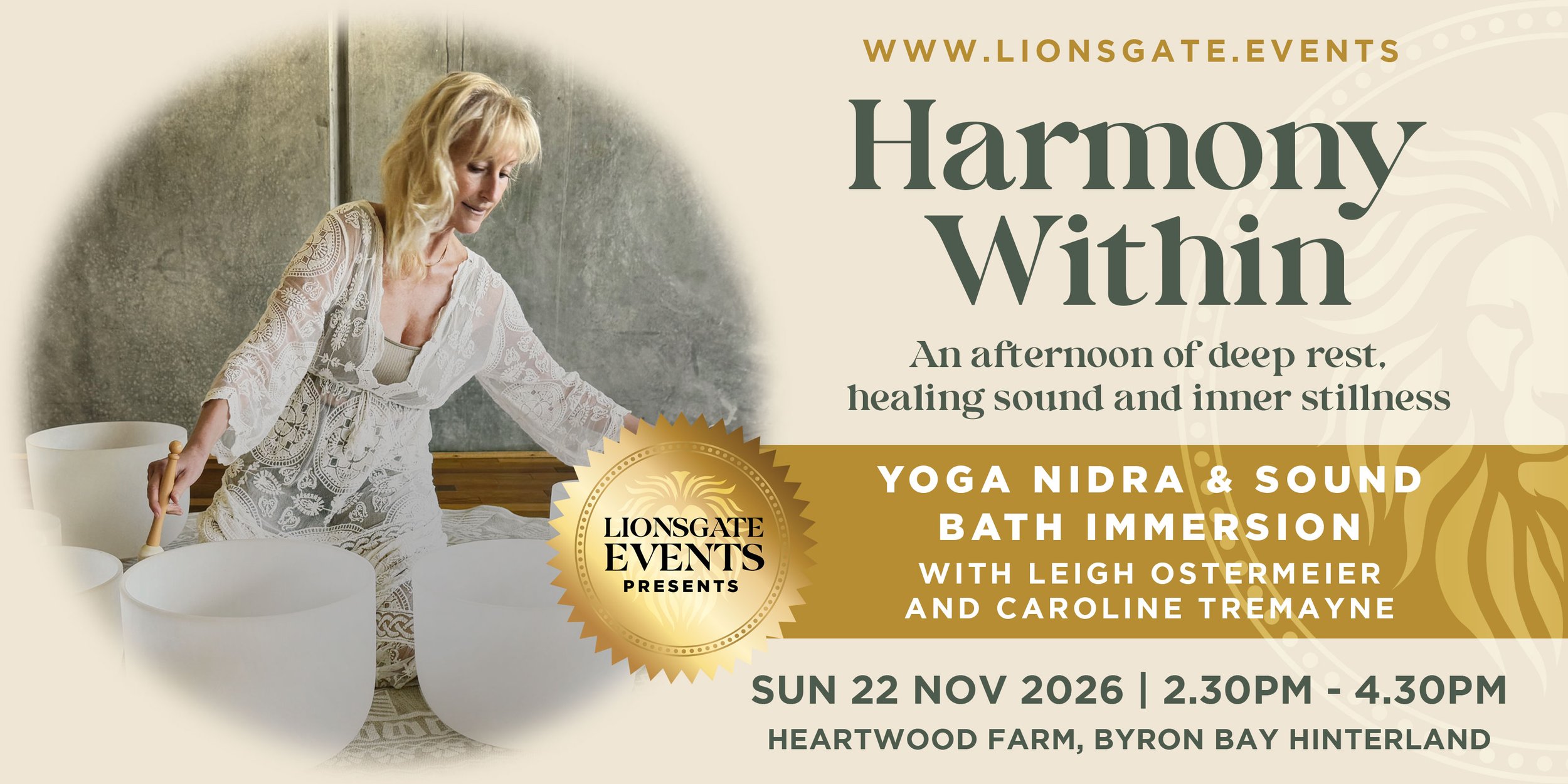 Yoga Nidra and sound bath immersion with Leigh Ostermeier and Caroline Tremayne at Heartwood Farm, Byron Bay Hinterland on Sunday 22 November 2026