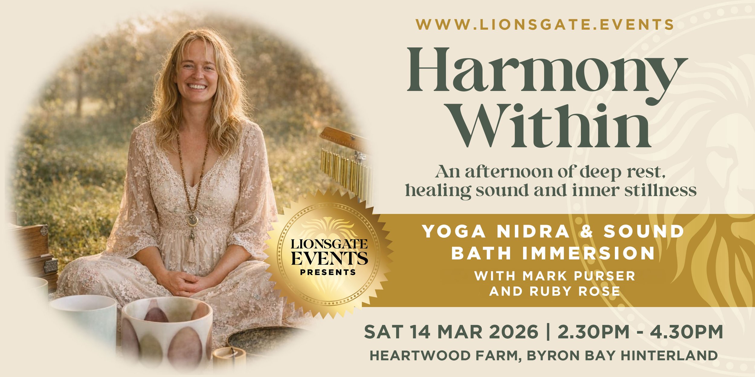 Yoga Nidra and sound bath immersion at Heartwood Farm Byron Bay Hinterland with Mark Purser and Ruby Rose, March 2026