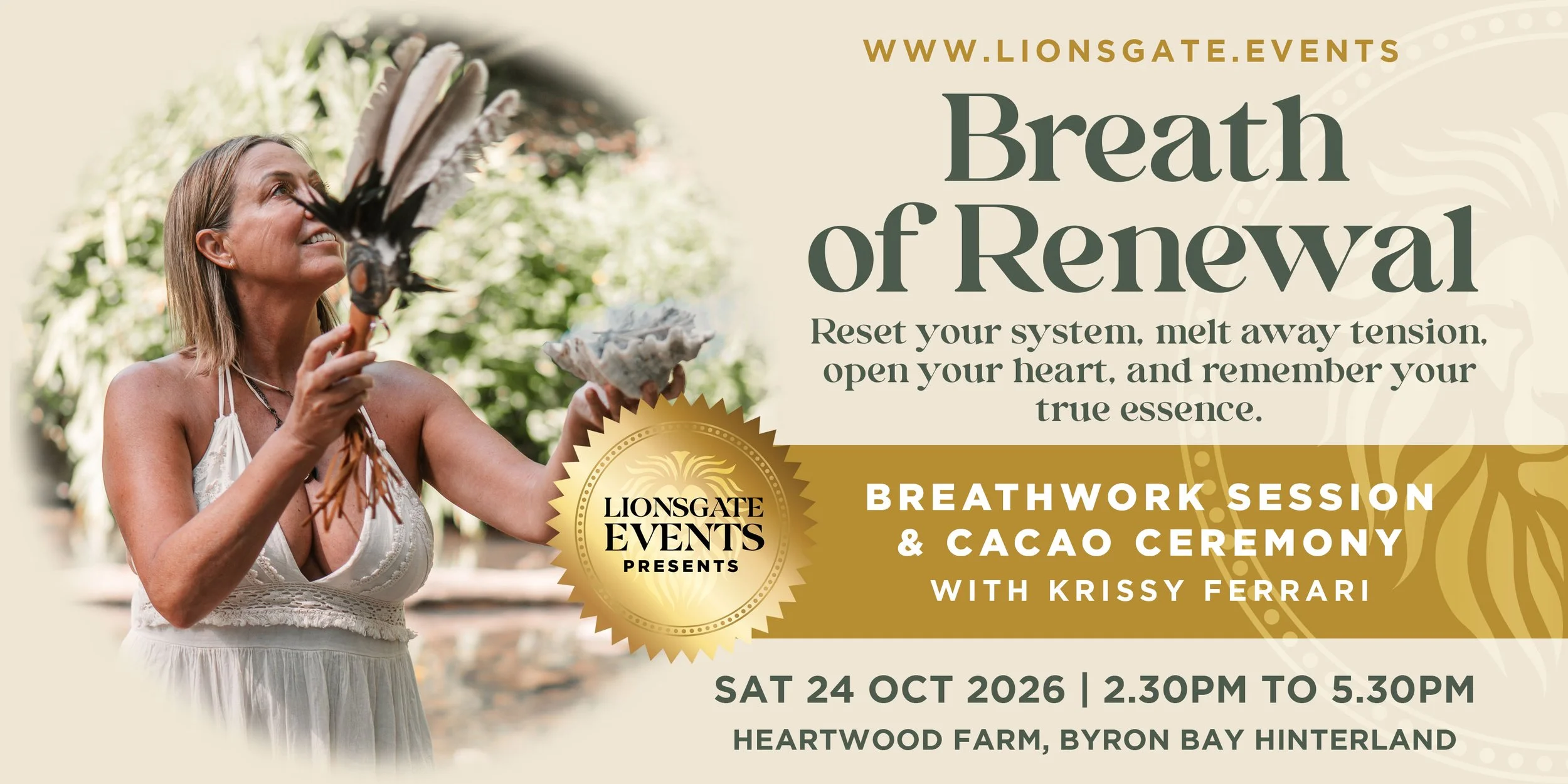 Guided breathwork and cacao ceremony with Krissy Ferrari at Heartwood Farm, Byron Bay Hinterland on Saturday 24 October 2026