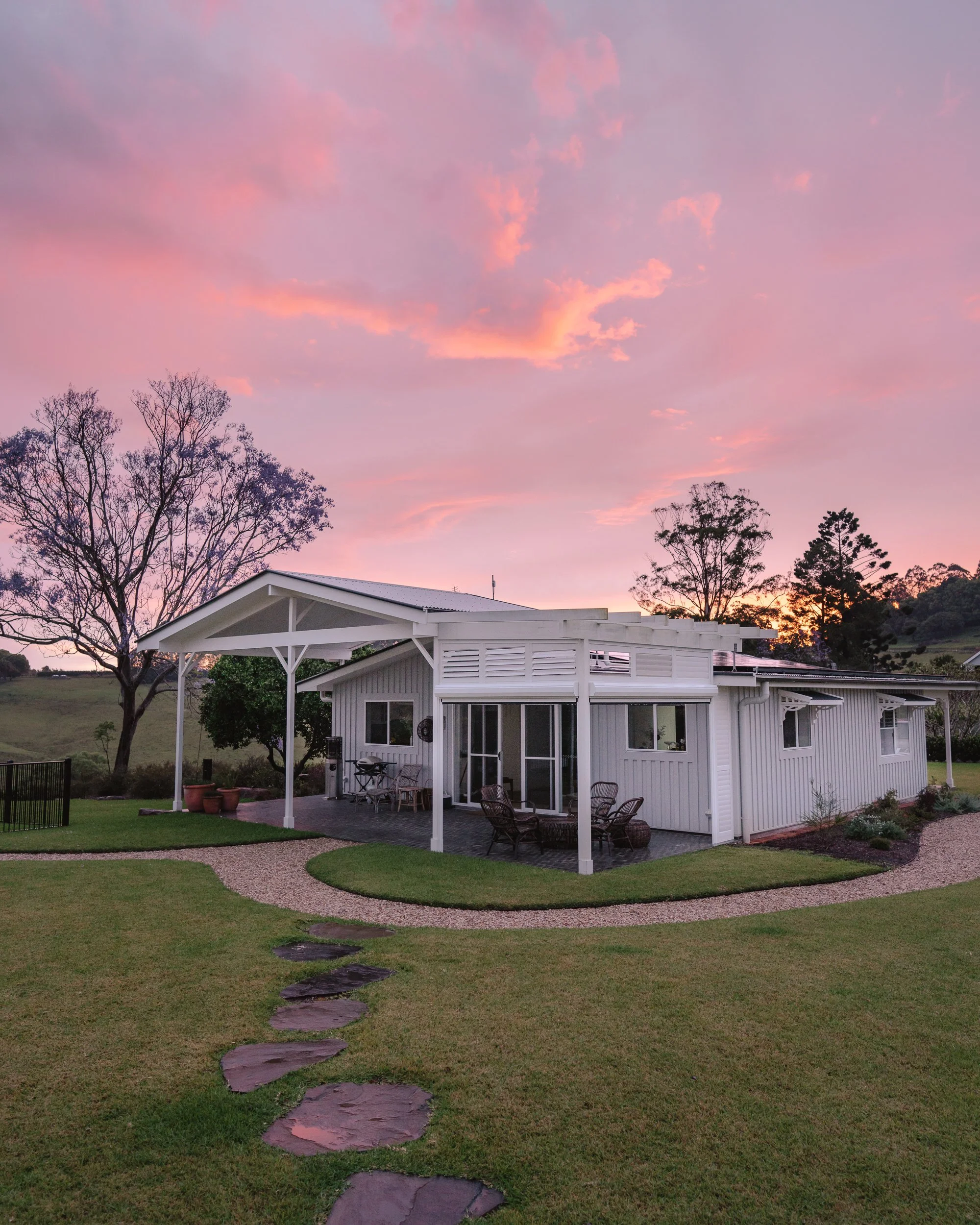 Luxury private cottage accommodation at Heartwood Farm retreat in the Byron Bay Hinterland at sunset