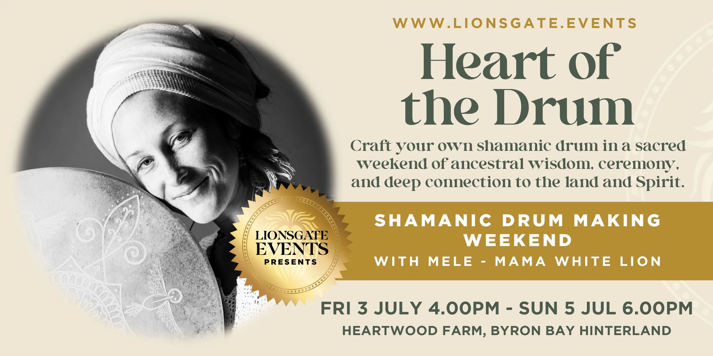 Shamanic drum making workshop weekend with Mele Mama White Lion at Heartwood Farm, Byron Bay Hinterland in collaboration from 3 to 5 July 2026