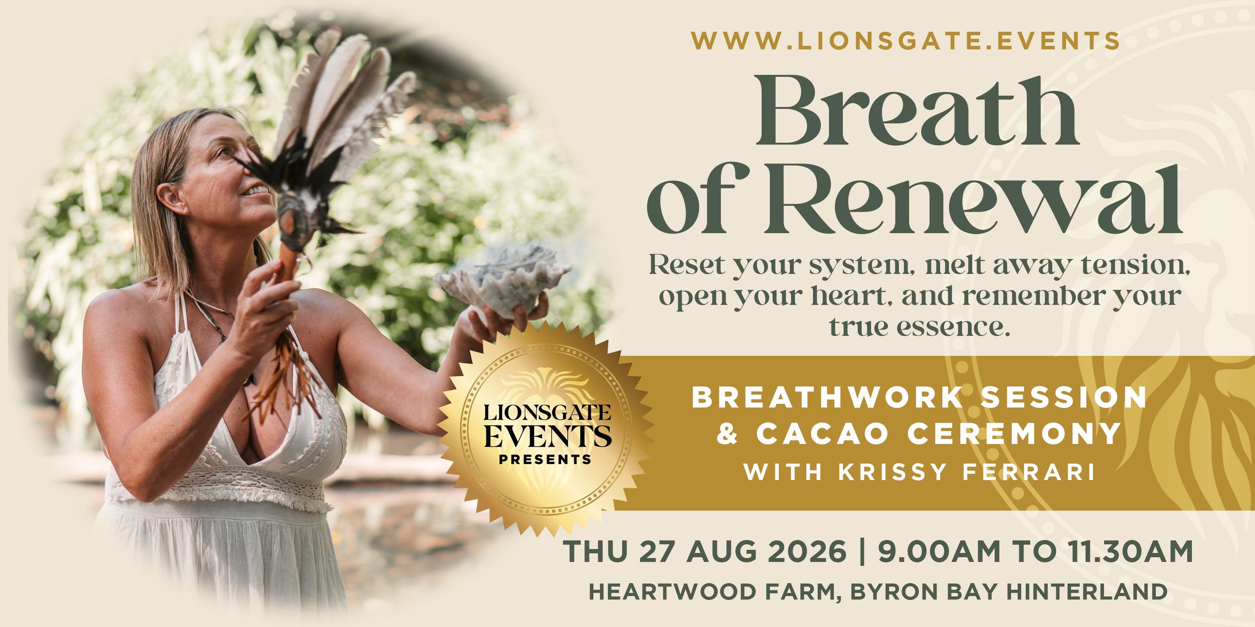 Breathwork and cacao ceremony with Well Traveller at Heartwood Farm Byron Bay Hinterland with Krissy Ferrari, August 2026