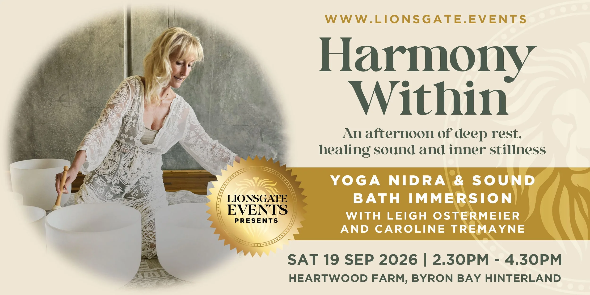 Yoga Nidra and sound bath immersion with Leigh Ostermeier and Caroline Tremayne at Heartwood Farm, Byron Bay Hinterland on Saturday 19 September 2026