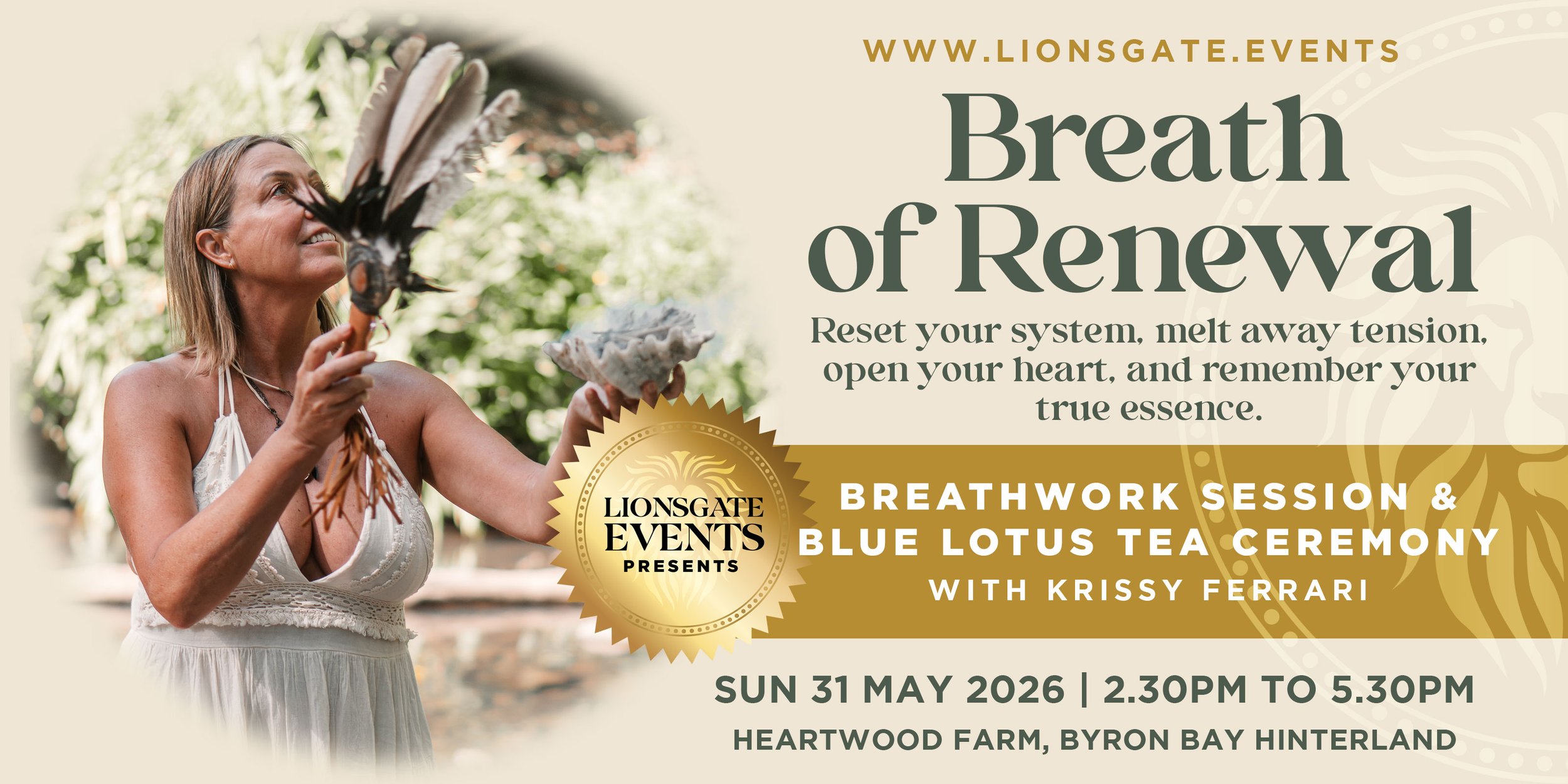Breathwork and blue lotus tea ceremony at Heartwood Farm Byron Bay Hinterland with Krissy Ferrari, May 2026