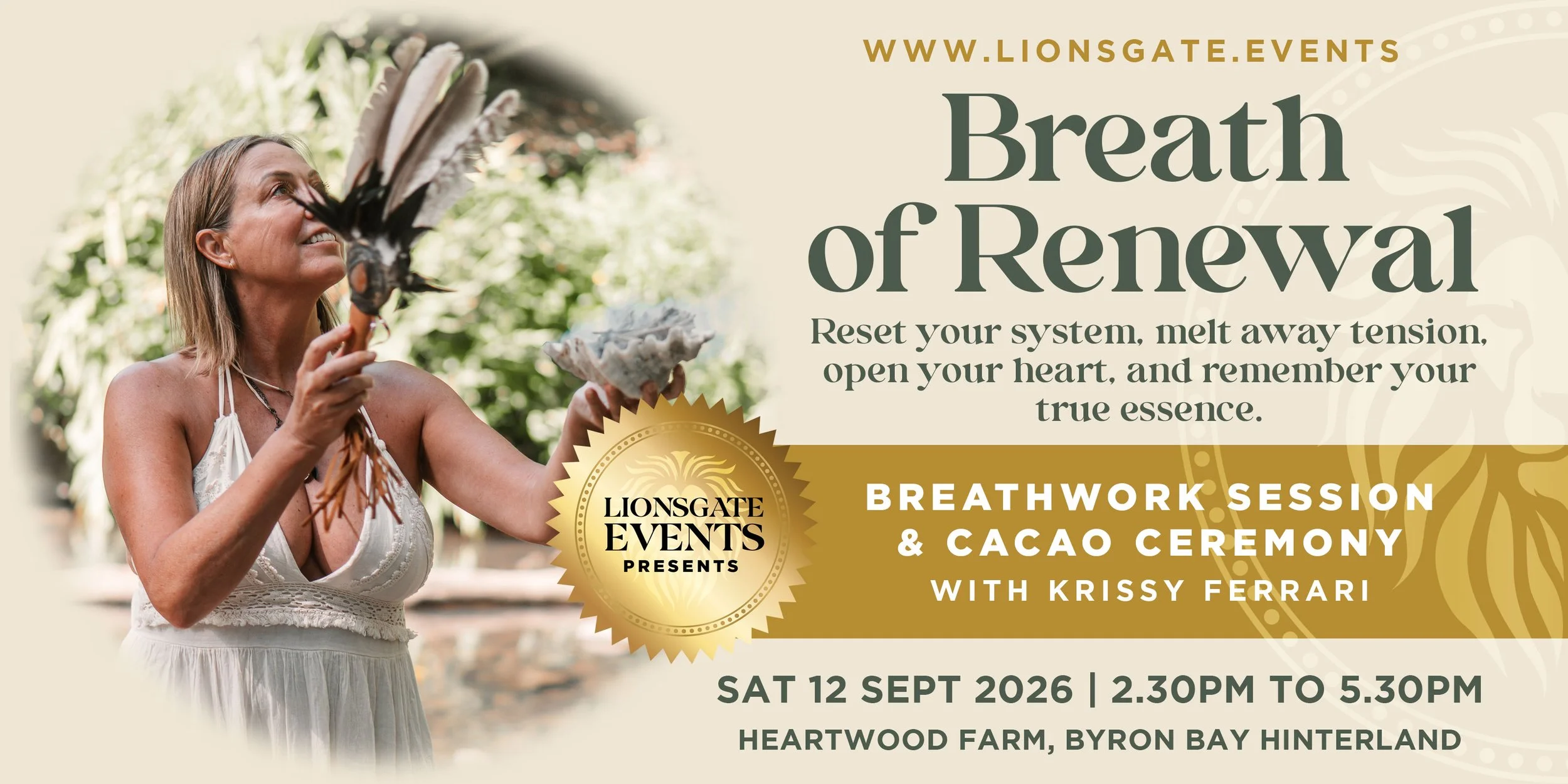 Guided breathwork and cacao ceremony with Krissy Ferrari at Heartwood Farm, Byron Bay Hinterland on Saturday 12 September 2026