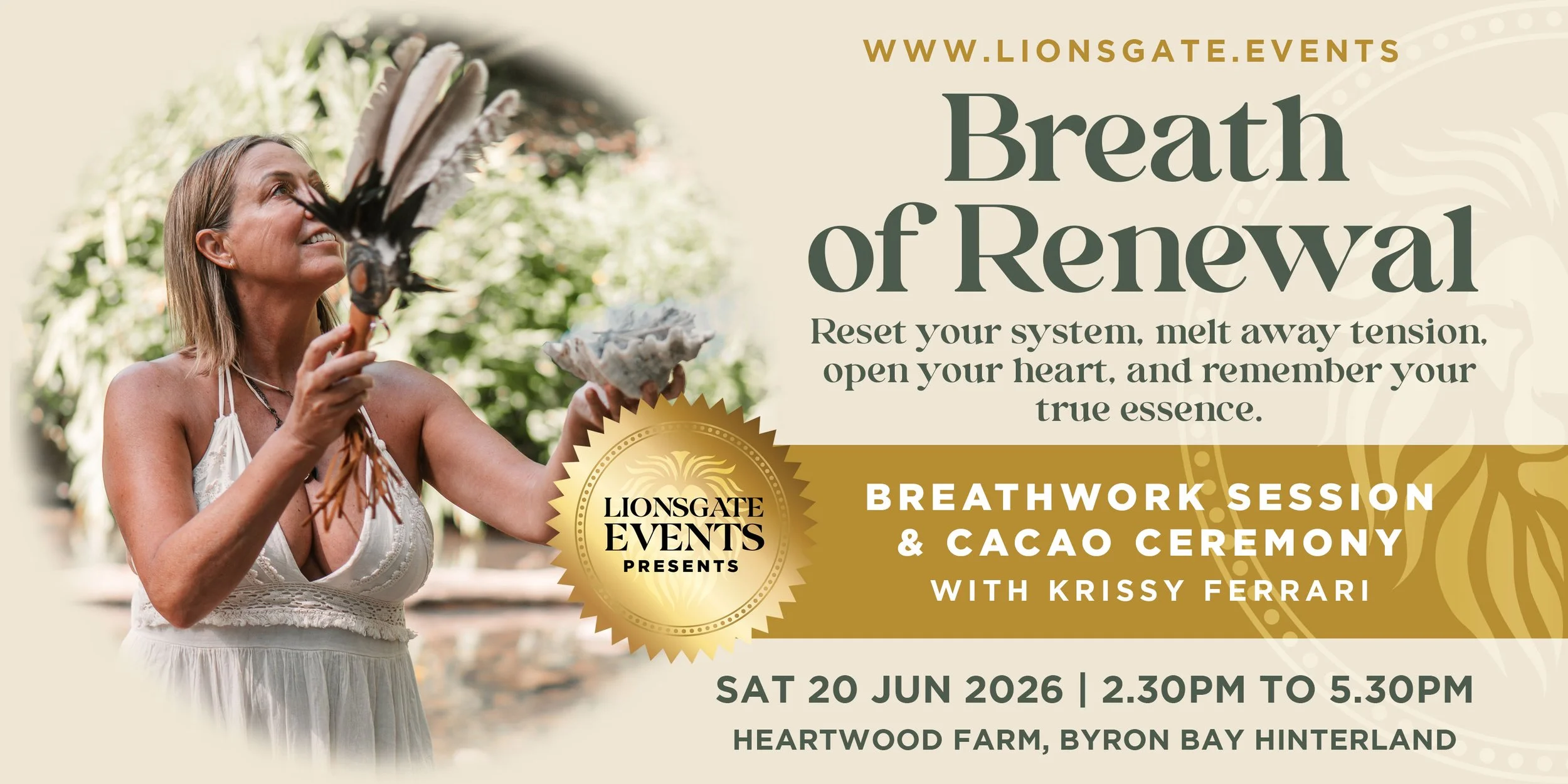 Guided breathwork and cacao ceremony with Krissy Ferrari at Heartwood Farm, Byron Bay Hinterland on Saturday 20 June 2026