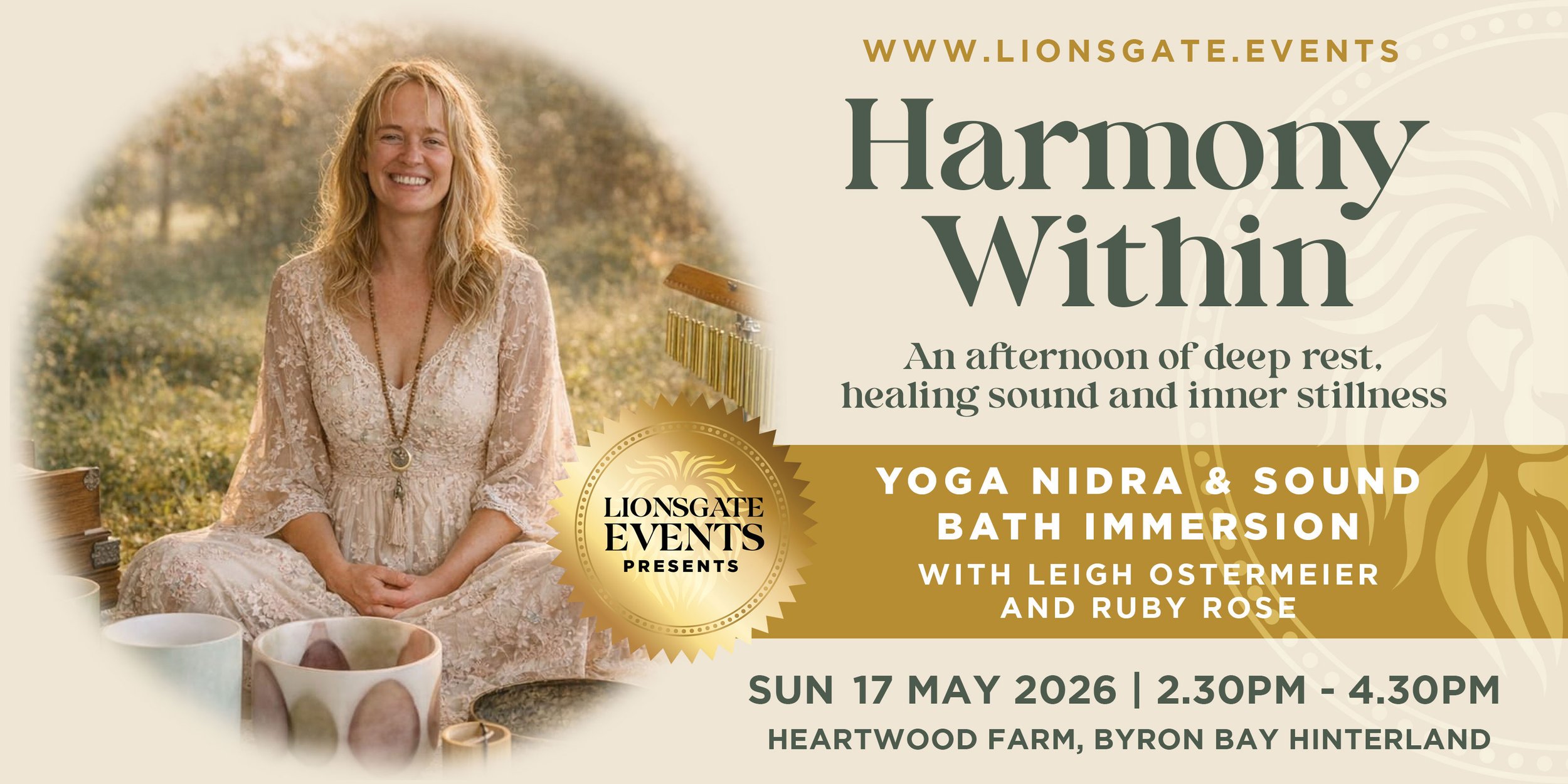 Yoga Nidra and sound bath immersion with Leigh Ostermeier and Ruby Rose at Heartwood Farm, Byron Bay Hinterland on Sunday 17 May 2026