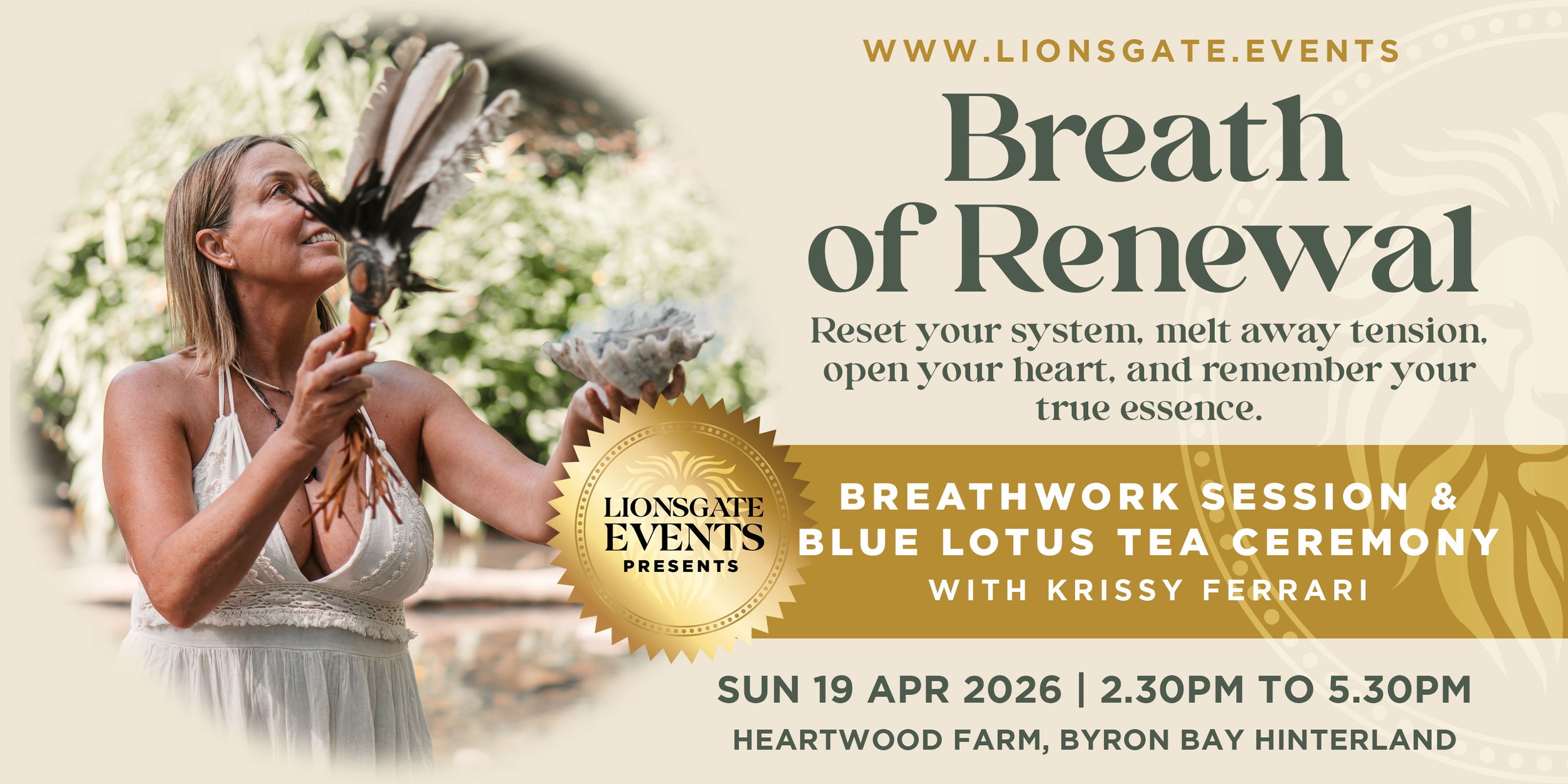 Breathwork and blue lotus tea ceremony at Heartwood Farm Byron Bay Hinterland with Krissy Ferrari, April 2026