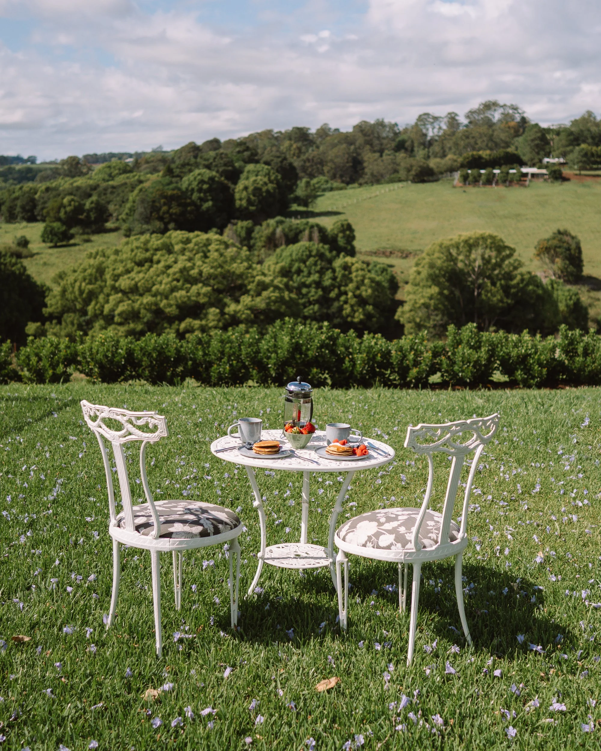 Outdoor dining experience with curated breakfast at a luxury retreat venue in the Byron Bay Hinterland