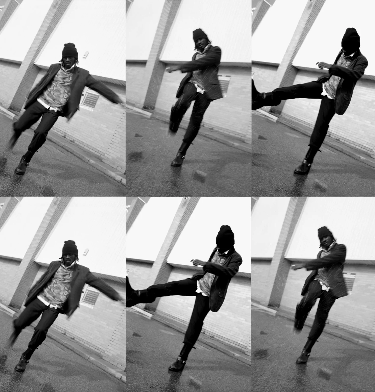 Six black-and-white photos of a person wearing a beanie, jacket, and pants, striking various dance poses outdoors against a brick wall.
