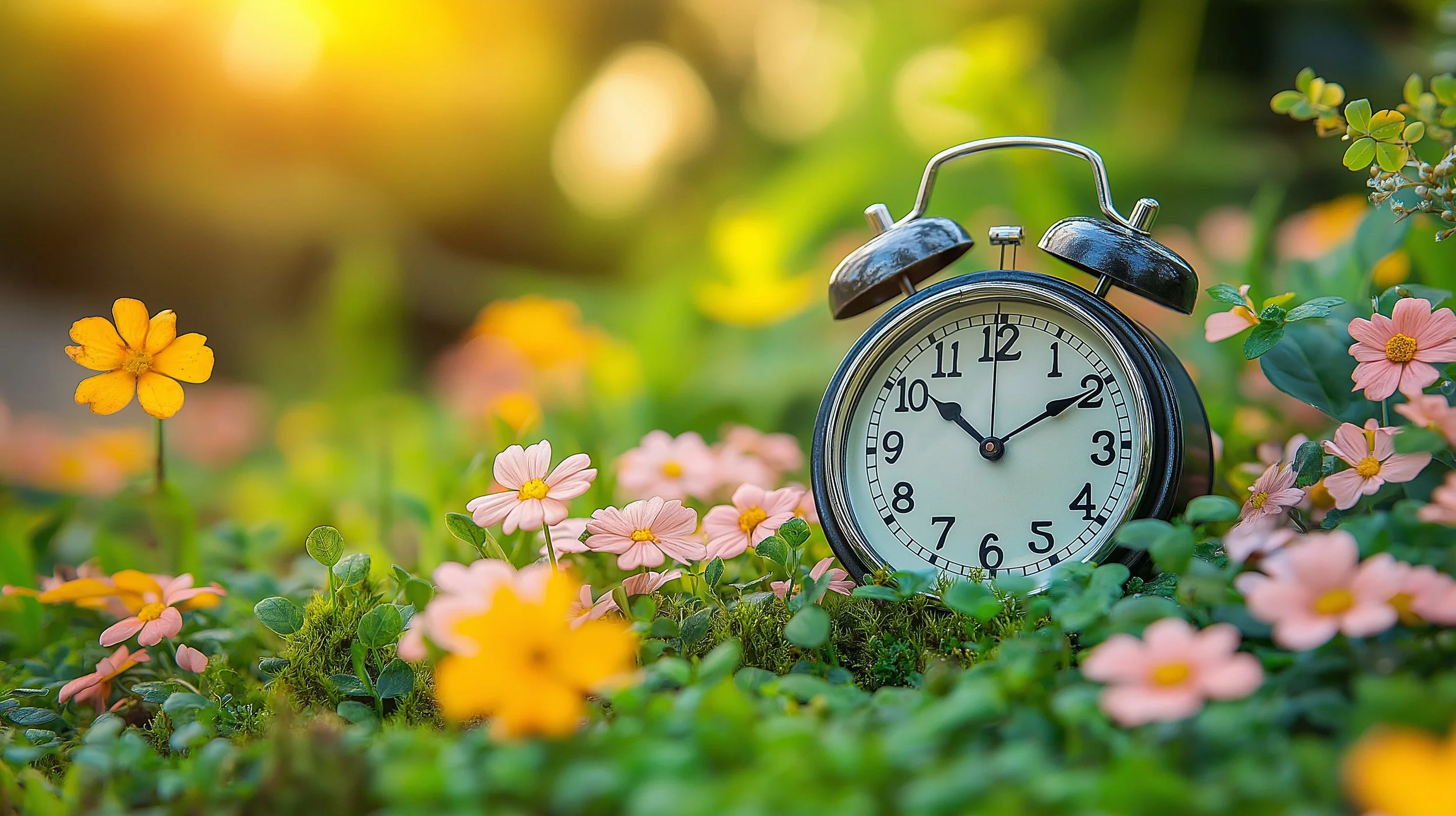 An alarm clock placed on green moss among pink and yellow flowers with a blurred background and sunlight.