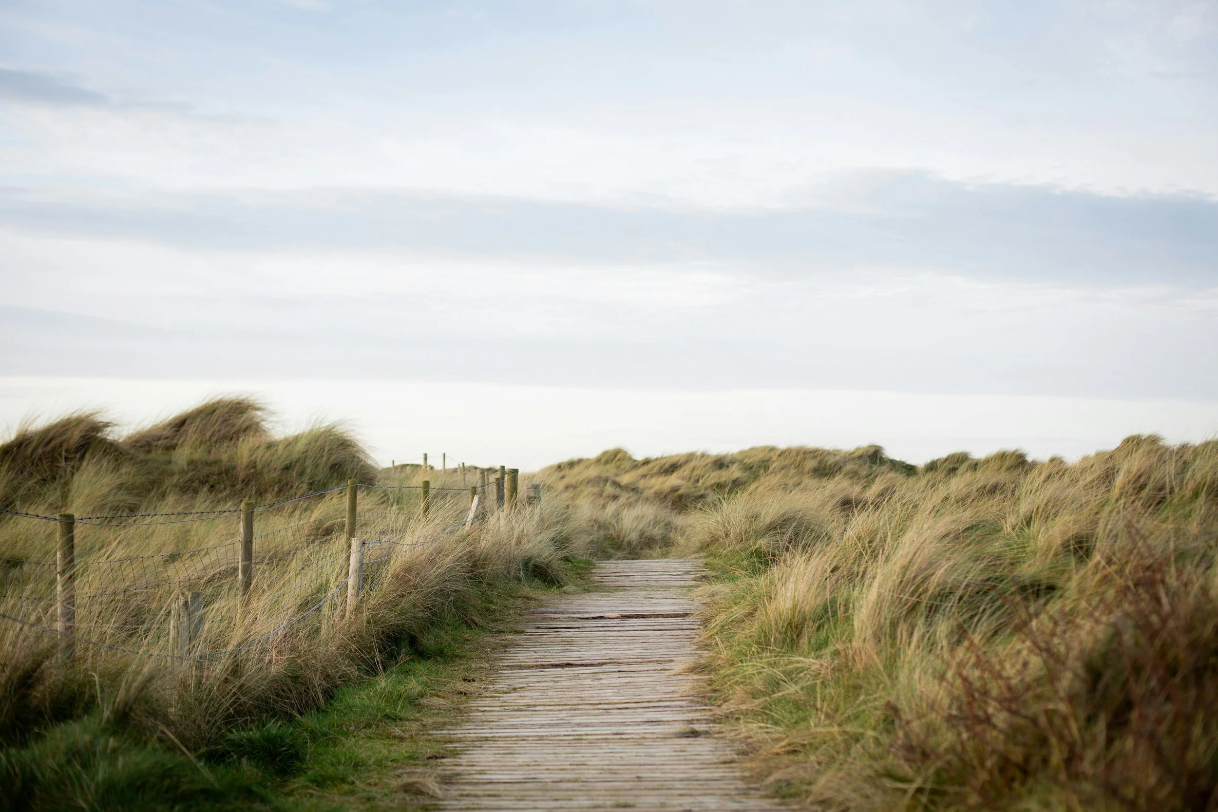 A winding wooden pathway through grassy dunes under a cloudy sky.