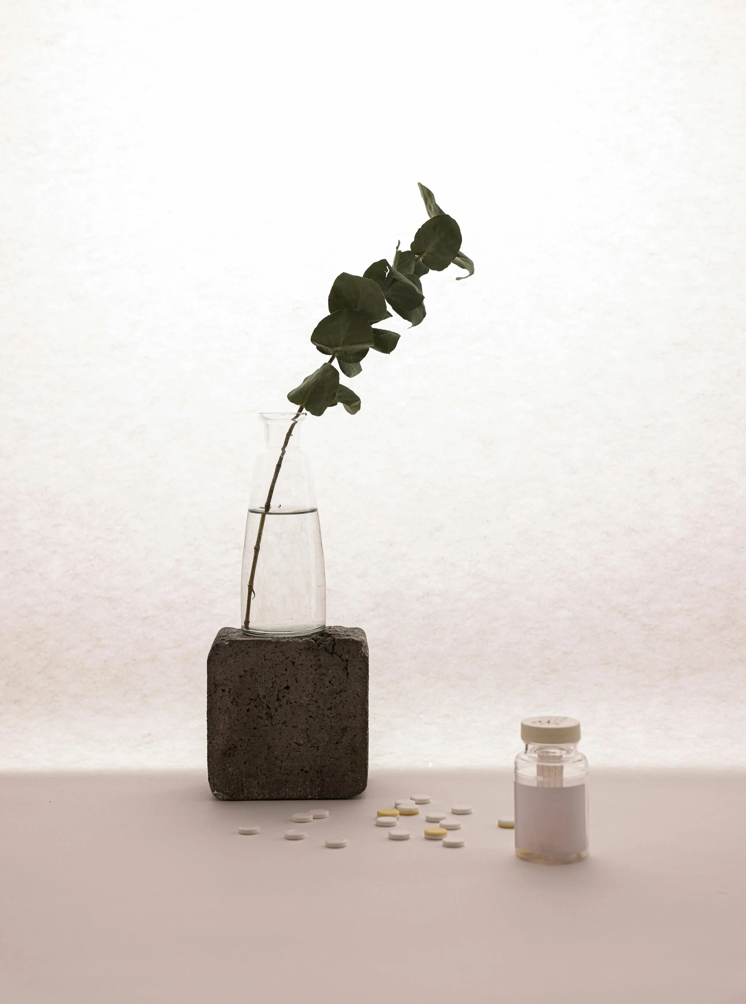 A minimalist scene with a small sprig of greenery in a glass test tube, positioned on a rough black rock, with scattered white and yellow pills on a white surface and a small bottle of pills nearby, against a neutral background.