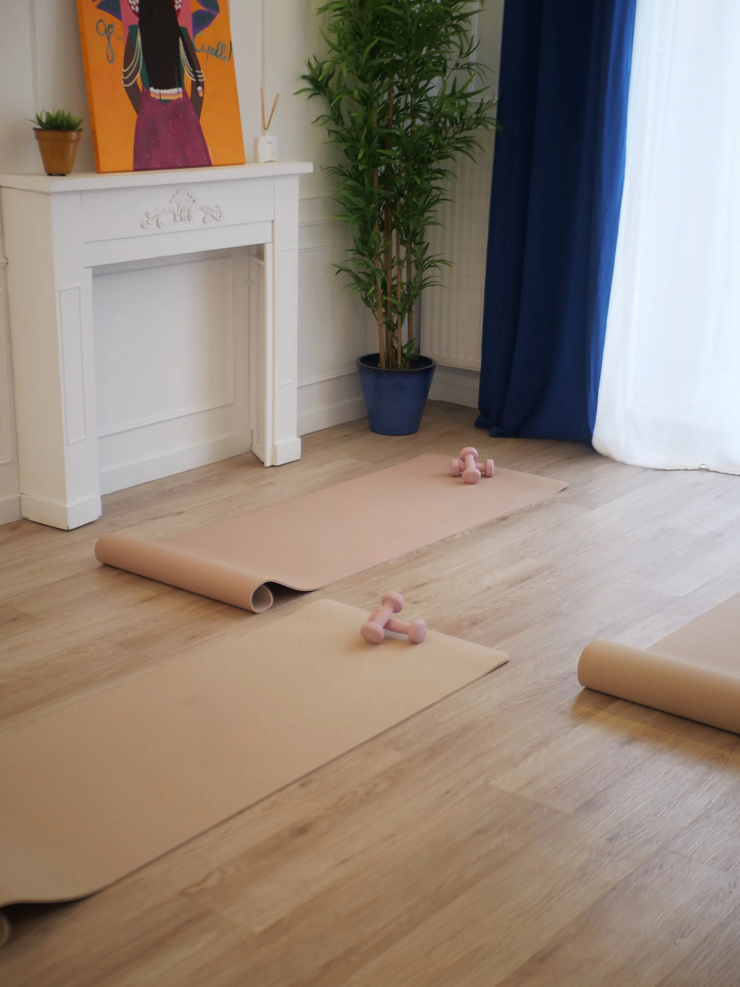 Salon intérieur avec tapis de yoga, petits haltères roses en plastique, et décoration comprenant un tableau, une plante verte en pot bleu, une cheminée blanche et des rideaux bleus et blancs.