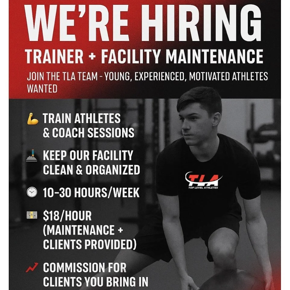 🚨 WE&rsquo;RE HIRING! 🚨
Top Level Athletes is looking for a new Trainer + Facility Maintenance Coach to join our team.

This position is perfect for college-level athletes and above who have coaching experience, take pride in their work, and want t