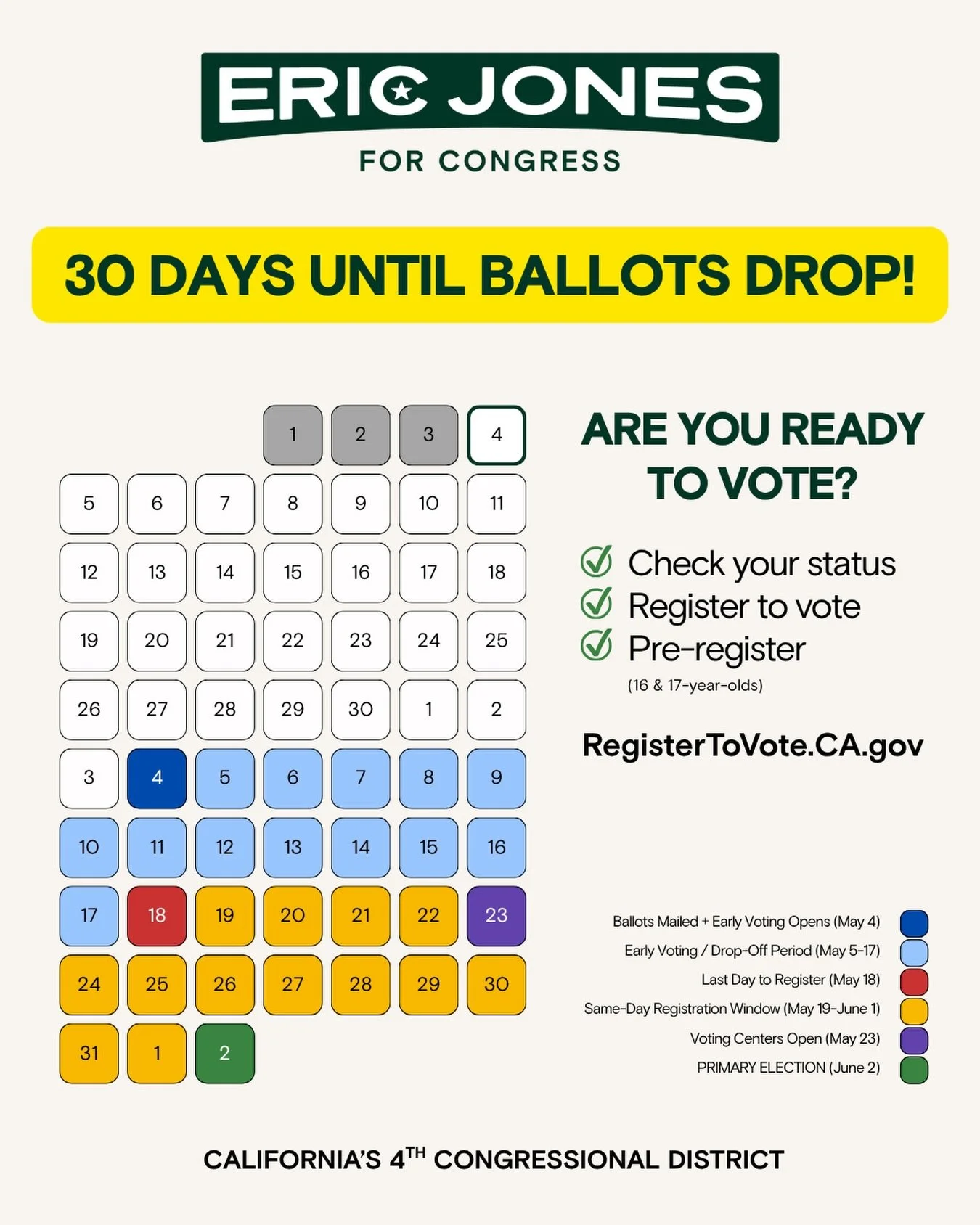 The countdown is on! In exactly 30 days, on May 4th, counties across California will begin mailing out ballots for the June 2nd Primary Election. Whether you are a long-time CA-4 voter from the North Bay or a newly eligible voter in the Sacramento Va