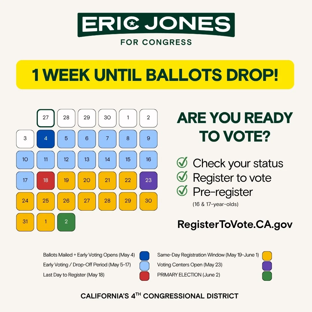 The countdown is on! In exactly 1 week, counties across California will begin mailing out ballots for the June 2nd Primary Election. Whether you are a long-time CA-4 voter from the North Bay or a newly eligible voter in the Sacramento Valley, your vo