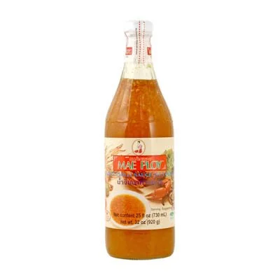 A bottle of Mae Ploy brand fish sauce with a white cap and label.