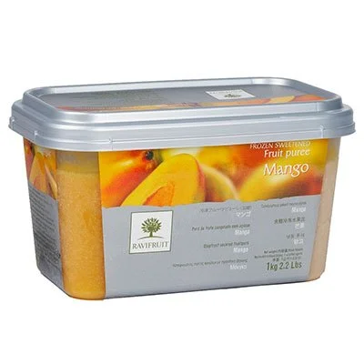 A plastic container of Ravifruit frozen mango fruit puree with a silver lid and colorful label showing mango slices.
