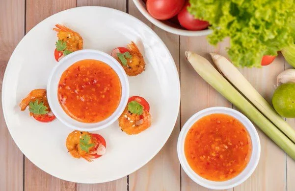 Plate of shrimp spring rolls with a bowl of dipping sauce, fresh vegetables including tomatoes and lettuce, and lemongrass on a wooden table.