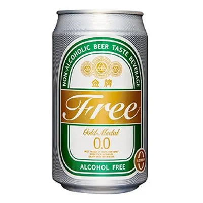 A can of alcohol-free beer with green, gold, and silver labeling, indicating it is free and has a 0.0 alcohol content.