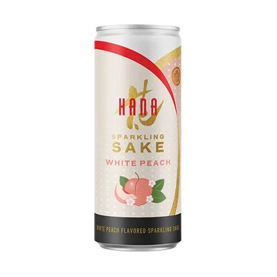 Can of HYPE sparkling sake in white peach flavor with a peach illustration.