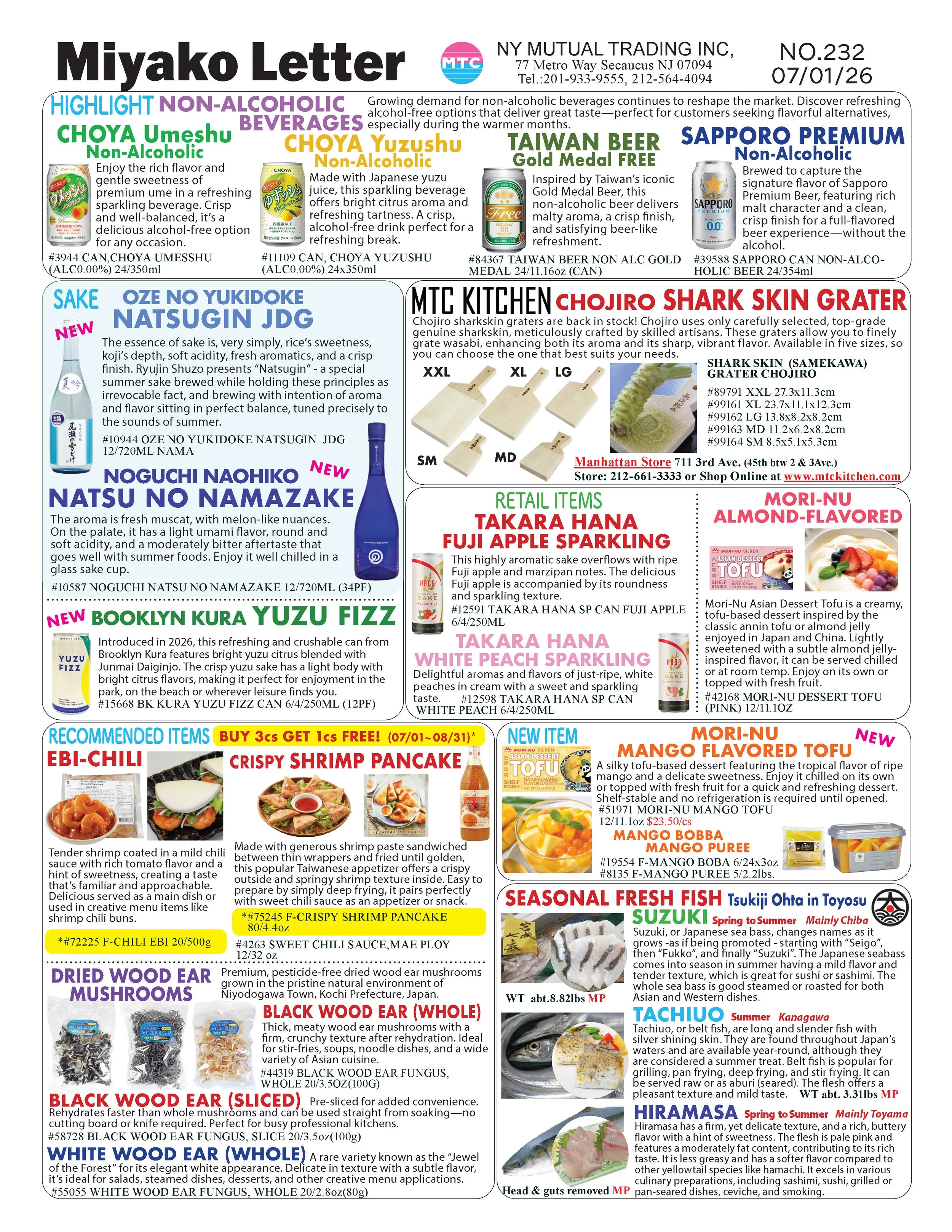 A colorful newsletter displaying various beverages, food items, and kitchenware. Includes images, descriptions, and prices of drinks, sauces, mushrooms, fish, and desserts, with some highlighted offers and product details.