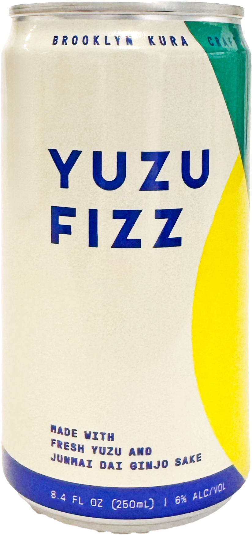Can of Yuzu Fizz, a beverage made with fresh yuzu and Junmai Dai Ginjo sake, 8.4 fluid ounces, 8% alcohol.