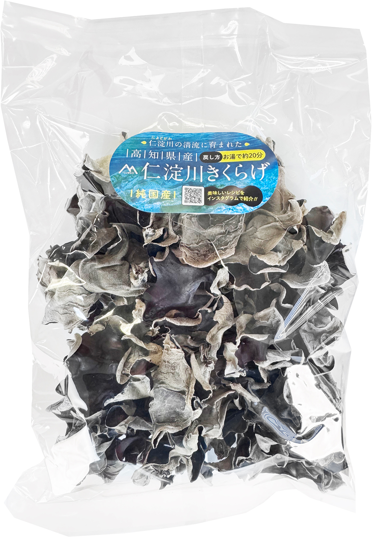 Package of dried stone ear mushrooms with a blue and yellow label containing Japanese text and a QR code, sealed in a clear plastic bag.