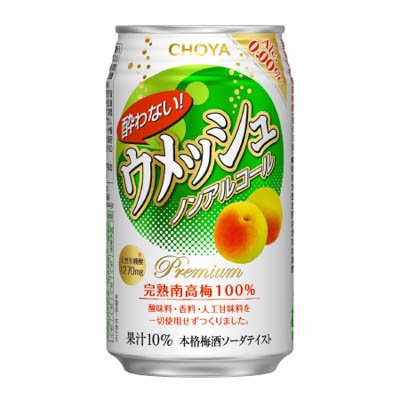 A can of Choya non-alcoholic peach-flavored beverage with Japanese text on the label.