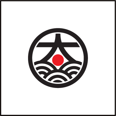 A circular logo with black lines forming a mountain and wave pattern, a red circle in the middle, on a white background.