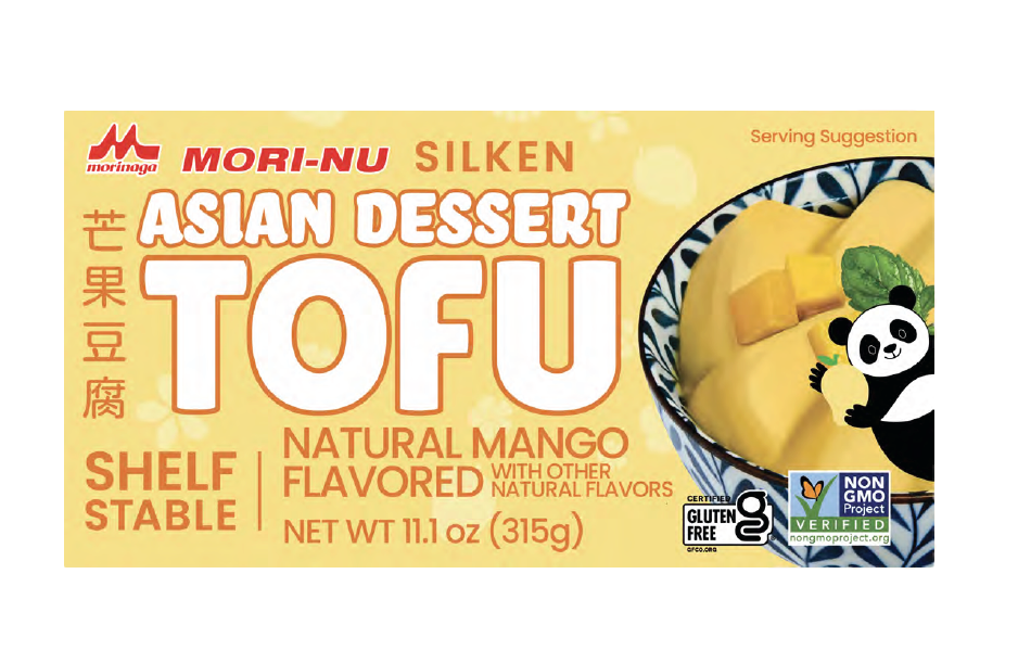 Tofu dish with mango cubes in a blue and white patterned bowl, panda holding a piece of mango on the tofu packaging.