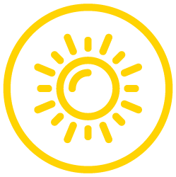 Yellow sun icon with a circular outline and stylized sun rays.